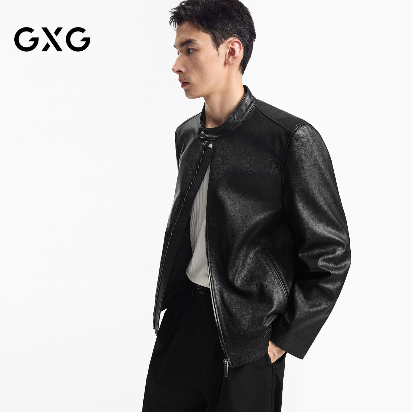 GXG мужская приталенная кожаная куртка Harrington с воротником-стойкой, пригородная куртка, новинка осени 2026 года Изображение 1