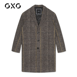 GXG男装2020冬季热卖复古流行彩格中长款呢大衣时髦撞色长款外套