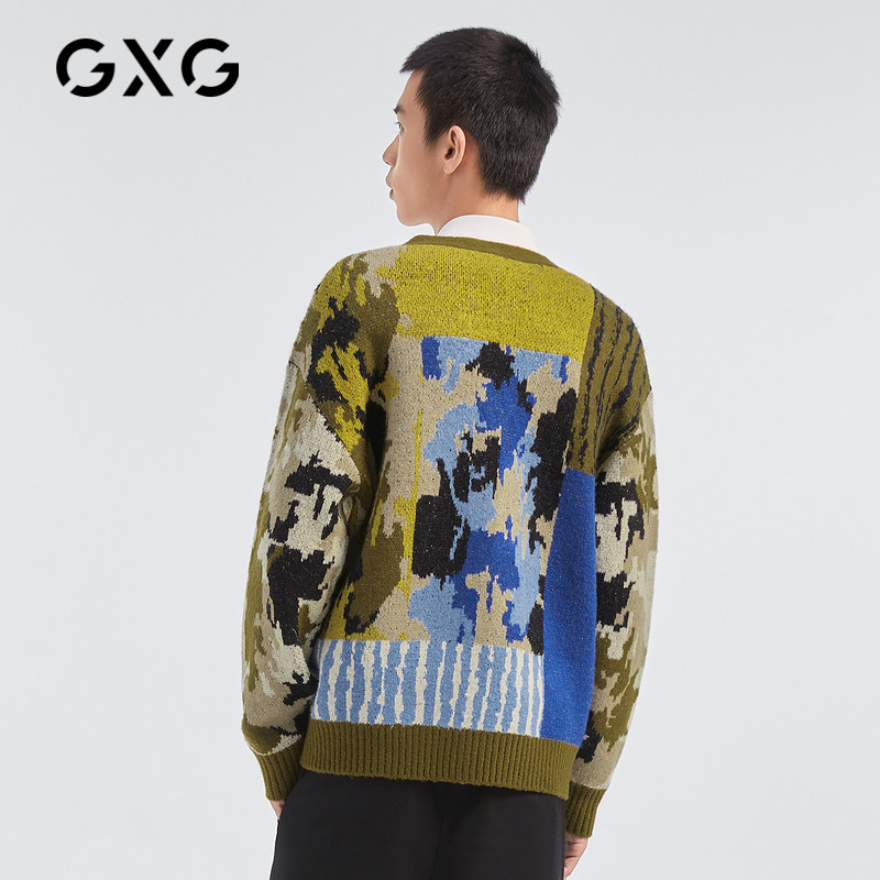 GXG men's clothing 2020 Spring autumn heat selling flower color pattern Fashion casual V collar cardiovert sweater male blouse