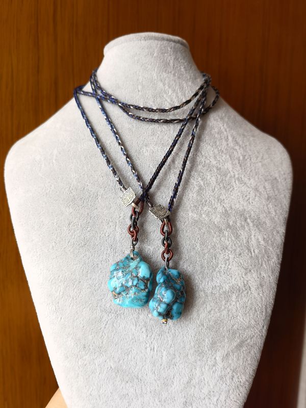 Natural Raw Turquoise Sweater Chain Necklace, 925 Silver, Hand-Woven Rope, Unisex, Chain Length 70
