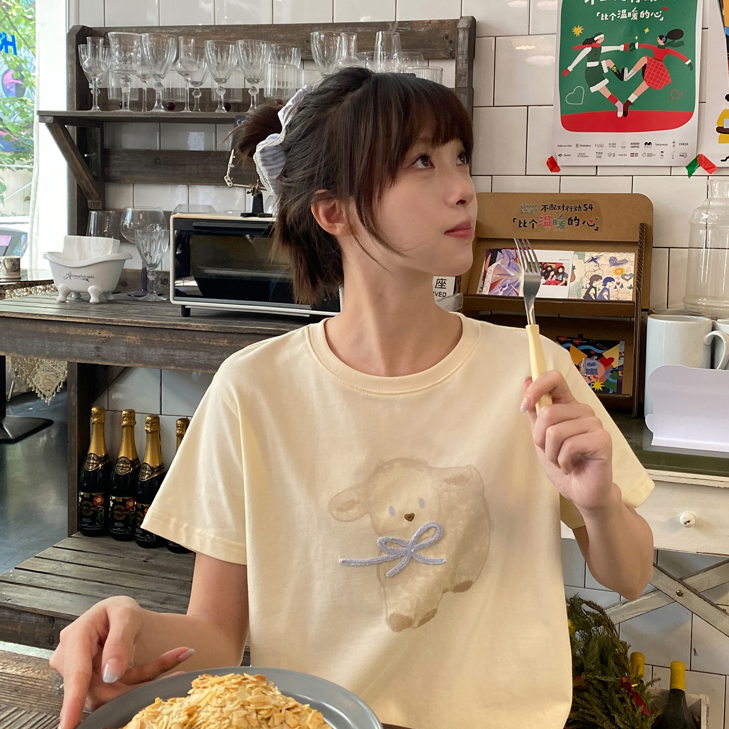 Milk Rabbit Planet - Homemade milkheep Little Milk Sheep 3D Embroidered Bow Printed Short sleeved T-shirt Womens Pure Cotton