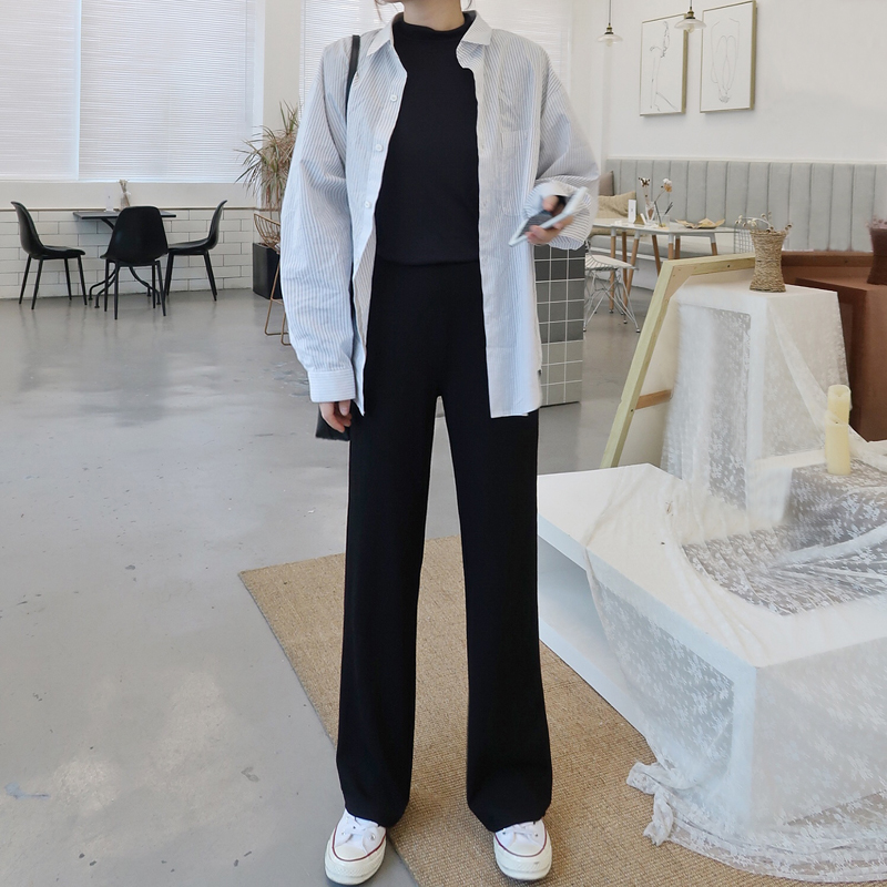 Black pregnant women's wide-leg pants spring and autumn loose straight woolen pants autumn and winter thickened pants wear drapey mopping trousers