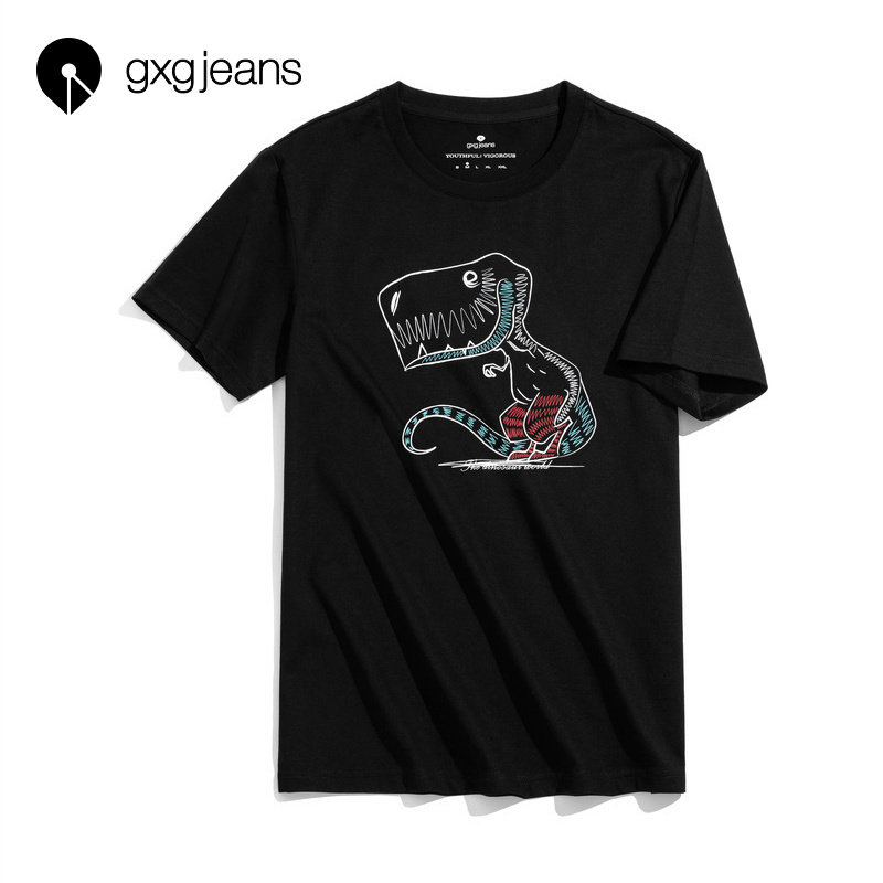gxgjeans men's summer t-shirt Young men student cartoon dinosaur print casual crew neck black short sleeve T-shirt tide