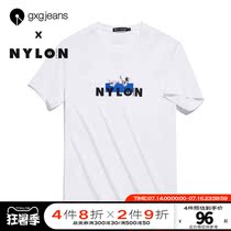 gxgjeans mens summer new nylon joint item white embroidery short t casual round neck short sleeve insT shirt