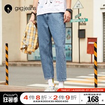 gxgjeans mens summer blue denim trousers Mens personality embroidery straight slacks Korean version of the tide student