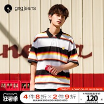 gxgjeans mens summer polo shirt mens short-sleeved fashion handsome college wind stripe contrast color lapel T-shirt