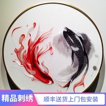 New Chinese handmade embroidery painting aluminum alloy frame 80 round Tai Chi fish porch corridor aisle art decorative painting