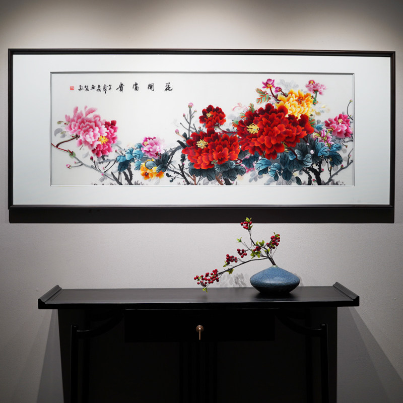 New Chinese style blossom rich atmosphere peony solid wood border pure handmade Su embroidery living room study room art hanging painting
