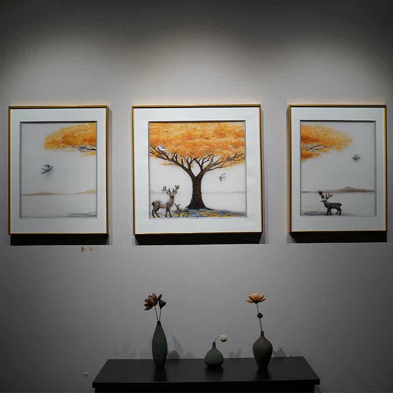 Triple embroidery golden tree sofa background wall decorative painting pure hand when accompanied by high-end commercial egg laying nest