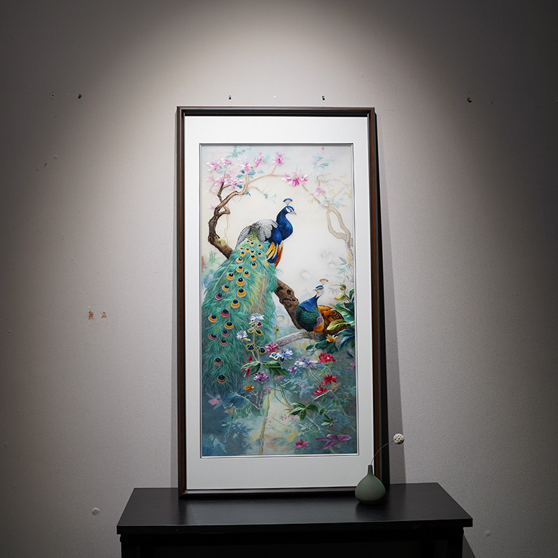 Rich Expensive Frame Xiang Peacock Embroidery Picture New Chinese Style Villa Soft Fit Design Exhibition Hall Pure Handmade Custom style Hand-painted Draft-Taobao