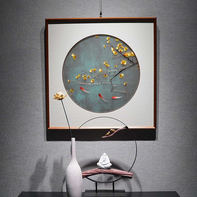 Su embroidery finished hanging painting with frame ginkgo koi nine fish living room dining room triple decoration painting hand embroidery custom model