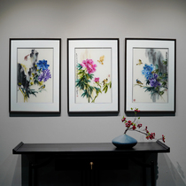 New Chinese modern decorative painting light luxury atmospheric national color peony pure hand embroidered living room sofa background wall hanging painting