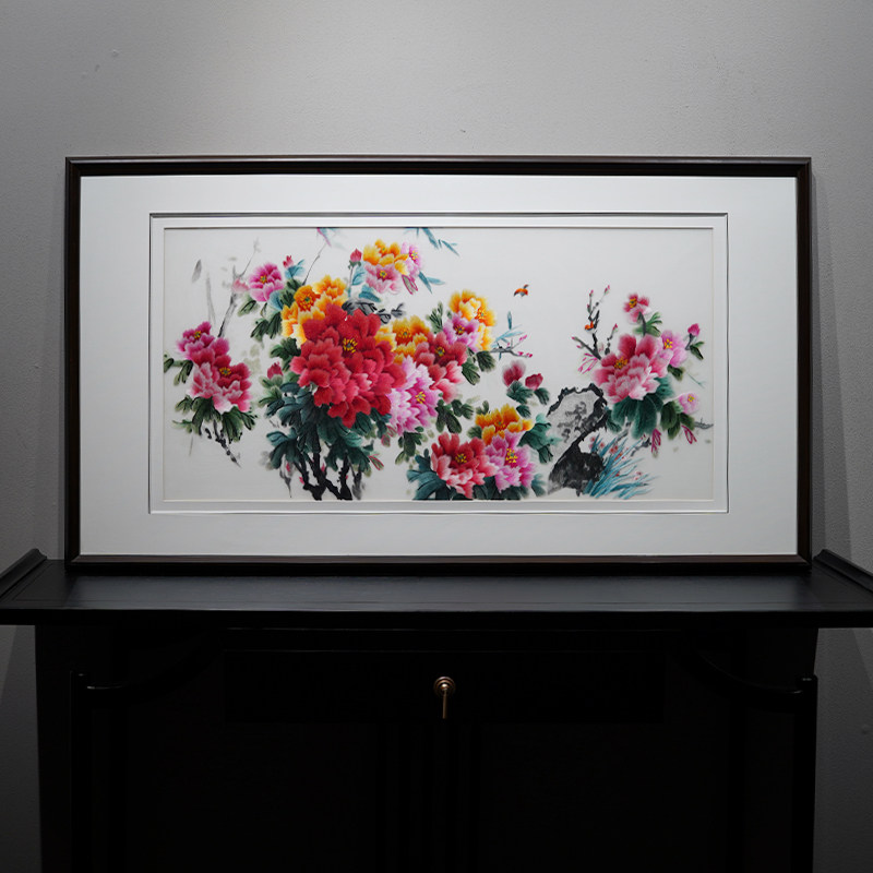 New Chinese style colorful and atmospheric pure hand embroidery painting national color peony entrance living room horizontal hanging painting