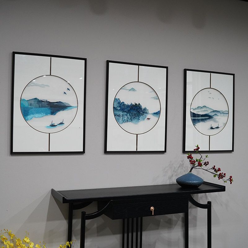 Su embroidery finished hanging painting handmade living room sofa decoration new Chinese silk landscape lotus embroidery painting