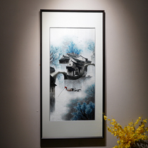 New Chinese style pure handmade Su embroidery embroidery Jiangnan water village vertical version one meter eight porch aisle aisle living room decoration painting