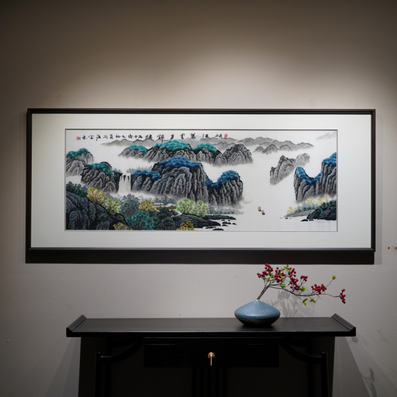 China wind atmosphere water channel river Wanli pure hand embroidery sofa background TV wall decoration painting