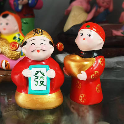 Tianjin Niren Zhang colored clay figurine doll, Prosperity doll, attracting wealth and treasures, folk characteristic handicraft decorative item, portable gift