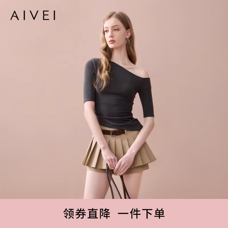Aivei Summer American-Style Sweet and Spicy Asymmetrical One-Shoulder Cinched Waist T-Shirt Top Xrv3501B