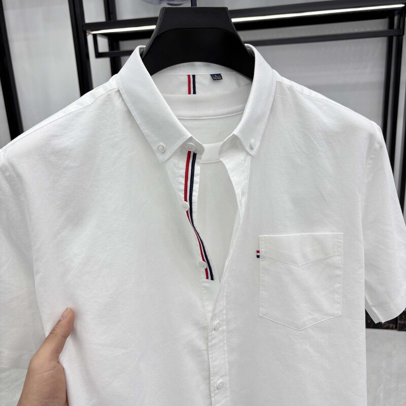 Light Luxury Genuine Tommy Solid Color Men's Short-Sleeve Shirt, 100% Cotton, Breathable, White, Versatile Business Casual Shirt