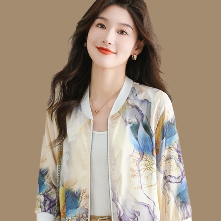 Sun Protection Clothing Baseball Jacket for Women 2025 Summer New Printed Short Coat Mulberry Silk Cardigan Jacket Thin Top
