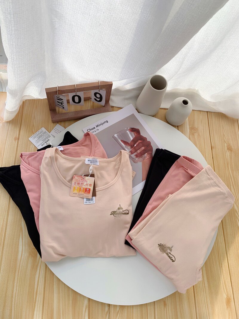 Super soft to the ball ~ high stock Meijabbi fiber thin warm no-mark fever Fever Jersey Woman Autumn Clothes Suit Autumn Winter