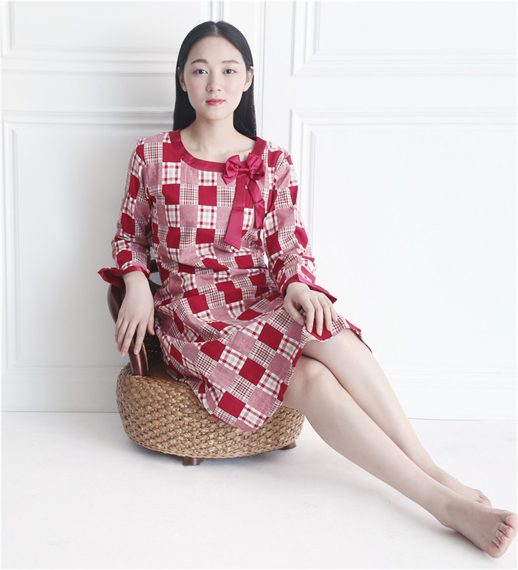 100% truy cập chính hãng Carrie thơ bông đỏ kẻ sọc nơ dài tay nữ đồ ngủ đôi cotton đêm đầm thiết kế đẹp