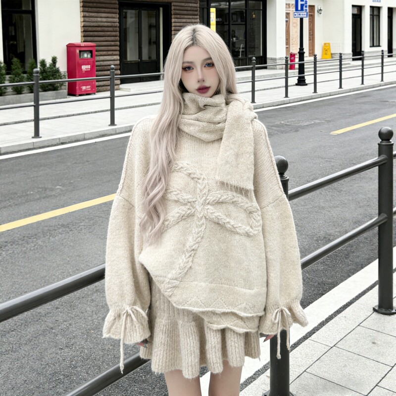 High-End Sweater Three-Piece Set: Top + Short Skirt + Scarf, Gentle and Lazy Style Knitted Sweater for Women, New Autumn and Winter Style High-End Sweater Three-Piece Set: Top + Short Skirt + Scarf, Gentle and Lazy Style Knitted Sweater for Women, New Autumn and Winter Style