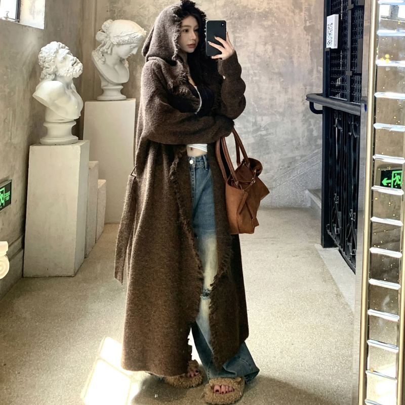 Early Autumn Brown Hooded Long Tassel Sweater Coat, Relaxed Knit Cardigan for Women, Thick and Lazy Style with Fringed Edges