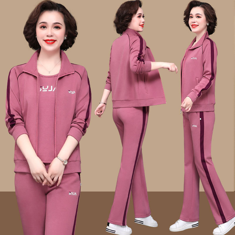 Middle-Aged and Elderly Women's Spring Clothing, Long-Sleeved Sportswear Outer Suit, Middle-Aged Women's Brand-Name Casual Three-Piece Suit