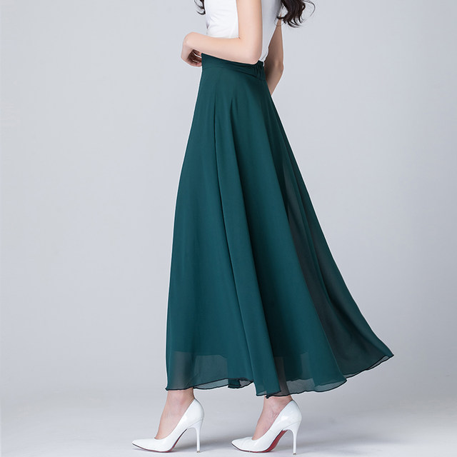 Pleated skirt summer new all-match high waist solid color chiffon mid-length skirt elegant big swing beach holiday dress