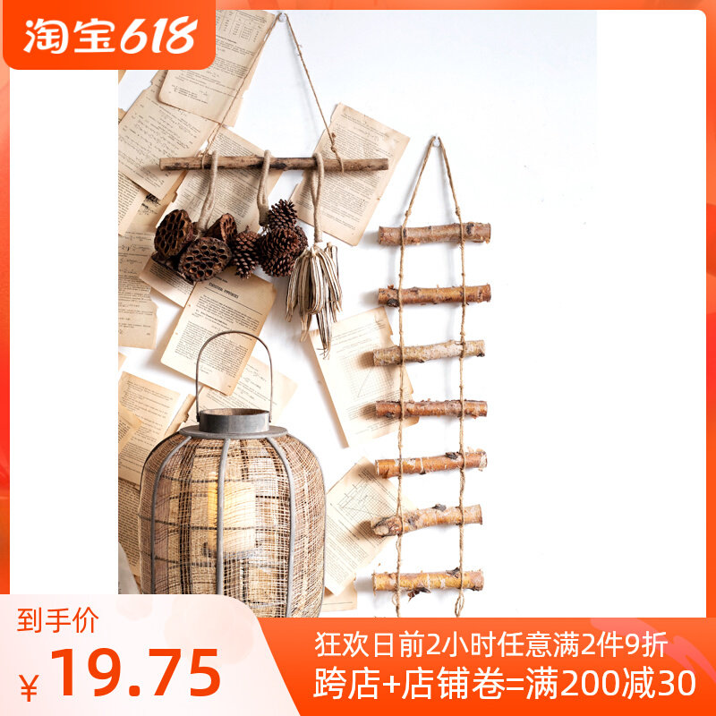 JK mousse retro natural white birch wood stick wall wall-mounted hemp rope wood ladder decorated with hanging sign hanging