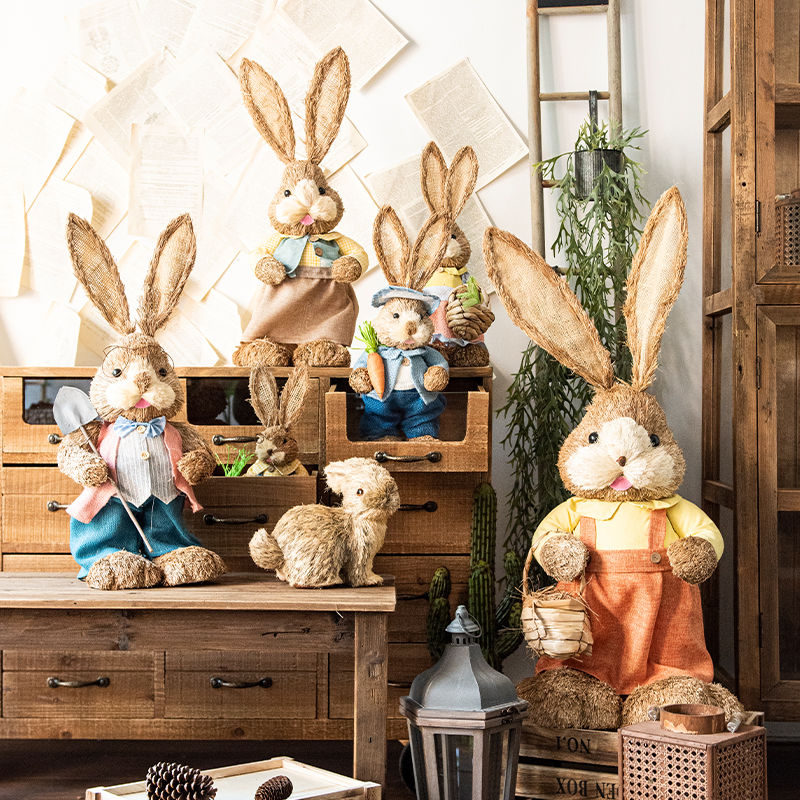 JK Mu Space Nordic Pastoral Large Straw Woven Rabbit Ornament Outdoor Garden Balcony Christmas Animal Decoration
