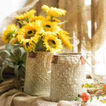 JK Mu Space Natural Straw Flower Basket Flower Tube Hemp Rope Double Storage Basket Flower Arrangement Brush White Flower Basket Gardening Basket