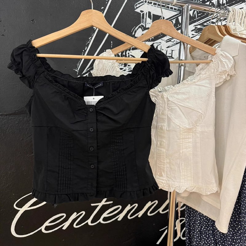 Bm Teng Sister's Same Style Pure and Sexy Pleated Ruffle Tight-Fitting Short-Sleeve Shirt Top Bm T-Shirt Tank Top for Women