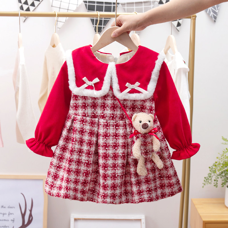 Girl's red Ocean dress New Year's New Year's clothes Women's baby temperament small scents Wind dresses Garveled autumn and winter new