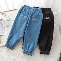 Childrens jeans Children Korean version in Korean version waist spring autumn loose light cage pants female baby denim long pants black