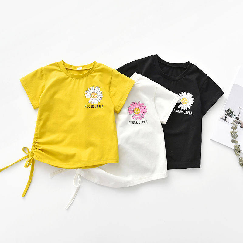 Children's cotton summer clothes summer side slit short-sleeved Korean version half-sleeve round neck baby sweat-absorbing drawstring short-sleeved