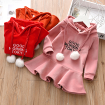  2019 autumn and winter new girls plus velvet dress middle and small children Korean version hooded thickened girls red skirt new year