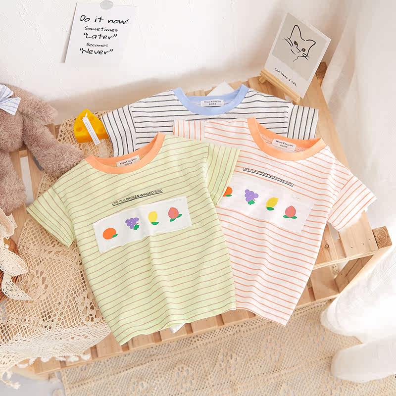 2021 Summer new children's clothing Korean version striped summer dress Sweat Pure Cotton Short Sleeve Loose striped female baby T-shirt