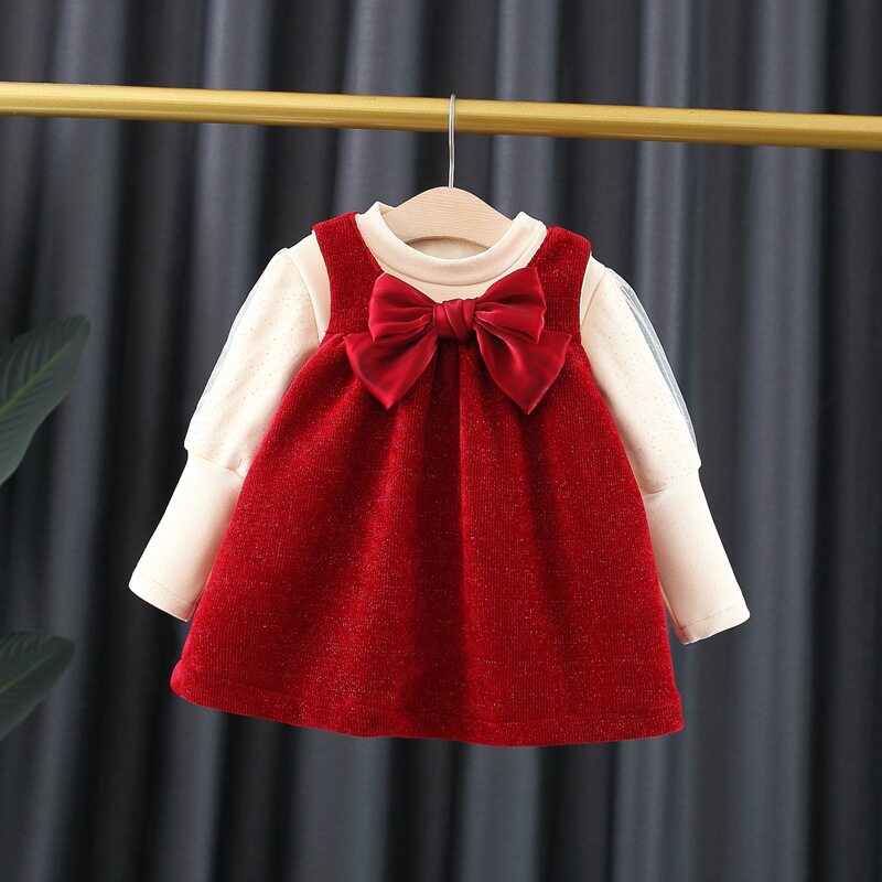 Female Baby Plus Suede Winter Dress Winter Thickening Suit Children Dress Butterfly Knot Polenta trendy net red Two sets