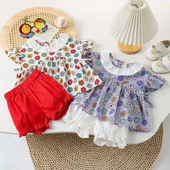 Girls summer new suit 2023 Korean version of foreign style fashionable floral ruffled skirt top flower bud pants two pieces