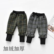  Autumn and winter thickened and velvet trousers Korean plaid Western style pants 1-3-6 years old female baby cotton pants children wear pants outside