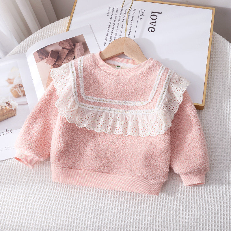 Girl's thick T-shirt 2021 new gush clothes Children's Korean version of the baby lace integrated suede clothing winter clothing