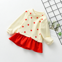  Baby spring dress girls polka dot solid color pleated skirt Korean version of female baby autumn skirt Western style long sleeve