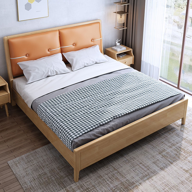Nordic solid wood 1 5m single bed with lamp bedroom storage home innate bed 1 8 m master bedroom with double bed modern minimis