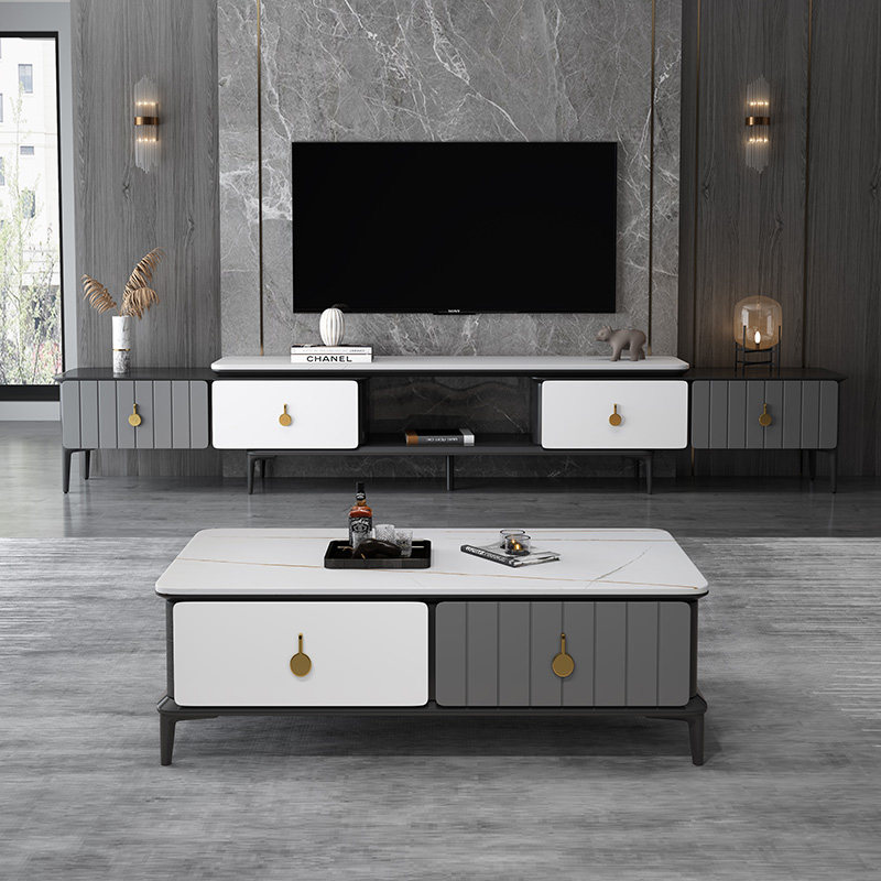 Rock plate tea table TV cabinet Composition modern minimalist telescopic TV cabinet Home small family type light lavish cabinet tea table