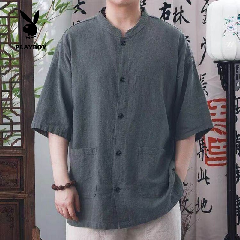 Playboy Chinese Style Top, Chinese Retro Stand-Up Collar Short-Sleeved Shirt for Men, Summer Cotton and Linen Loose Thin Outerwear