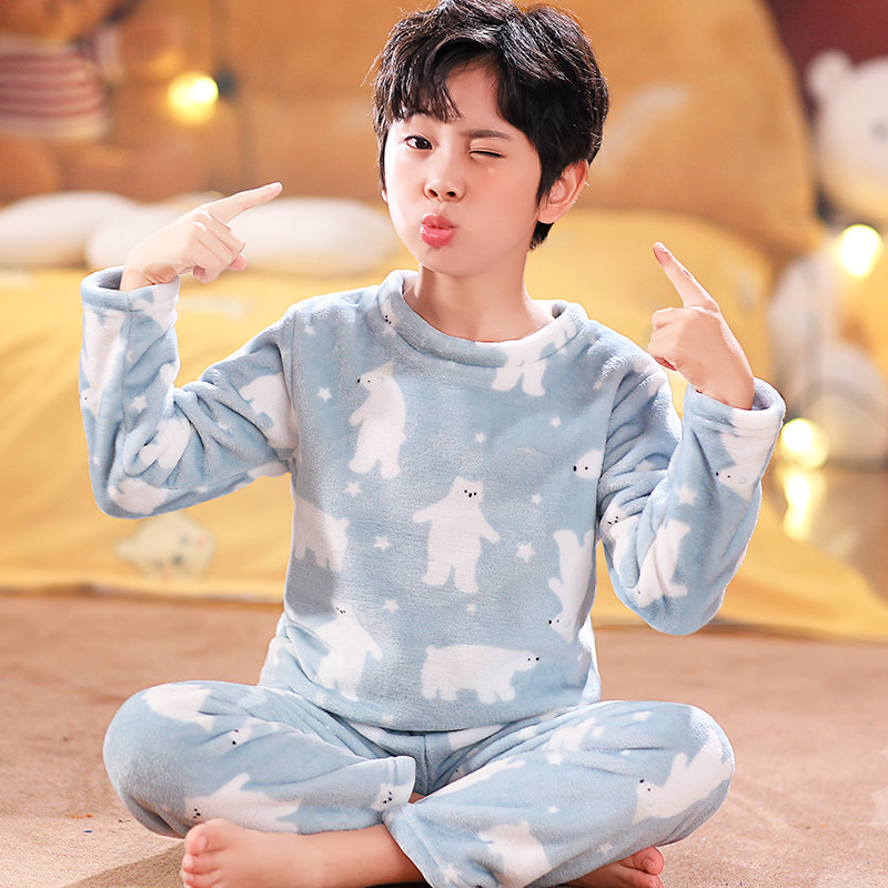 Boys and girls flannel pajamas autumn and winter children's thickening and velvet cartoon middle-aged boy's coral velvet home clothes