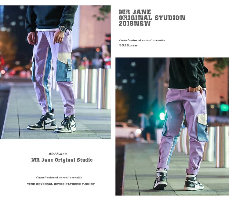 Ins Guo Chao overalls nam thương hiệu lỏng hip hop ruy băng chức năng nối chic chic chân quần nam mùa thu và mùa đông quần nam ống rộng