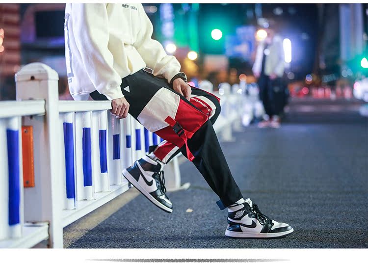 Ins Guo Chao overalls nam thương hiệu lỏng hip hop ruy băng chức năng nối chic chic chân quần nam mùa thu và mùa đông quần nam ống rộng